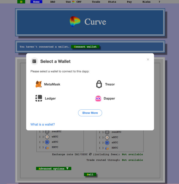 Curve select wallet screen shot.